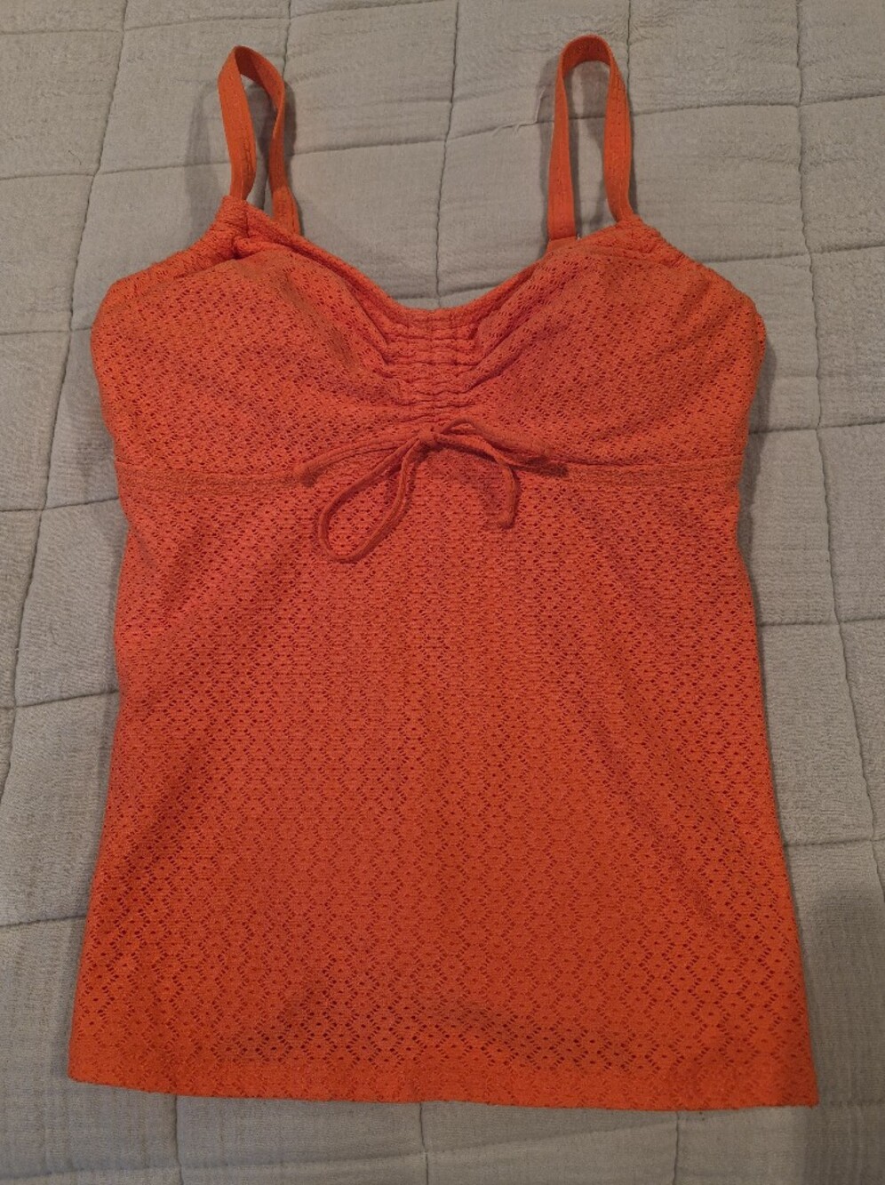 Lands End Swim Tankini Top Underwire Built in Bra Textured Ruched Orange 4 DD